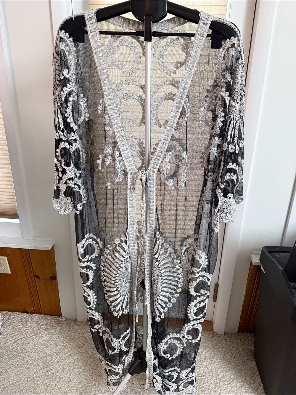 Bohemian beach coverup Sheer Black Mesh Duster with White Embroidered Appliqué